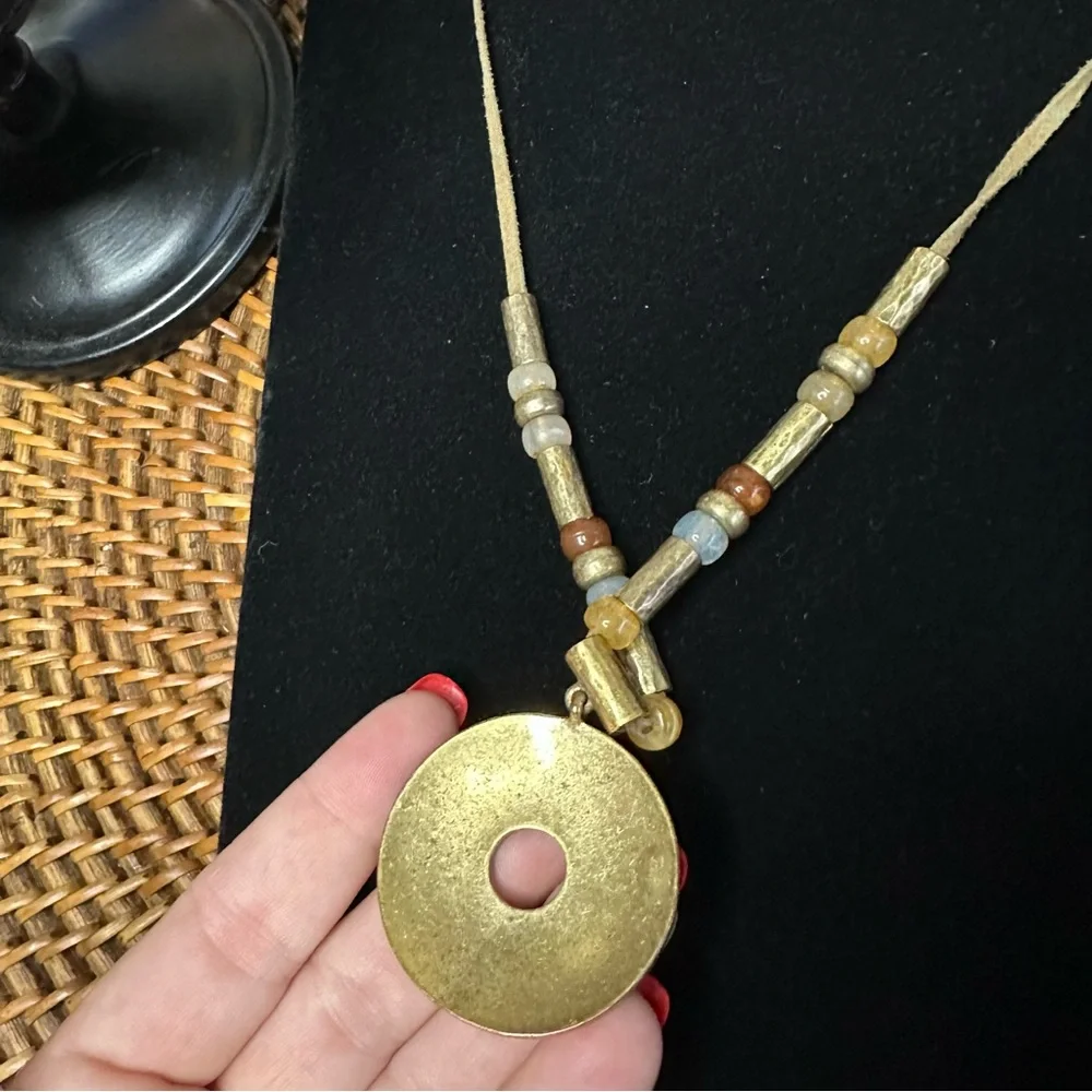 Boho Beaded Round Hammered Medallion Leather Necklace